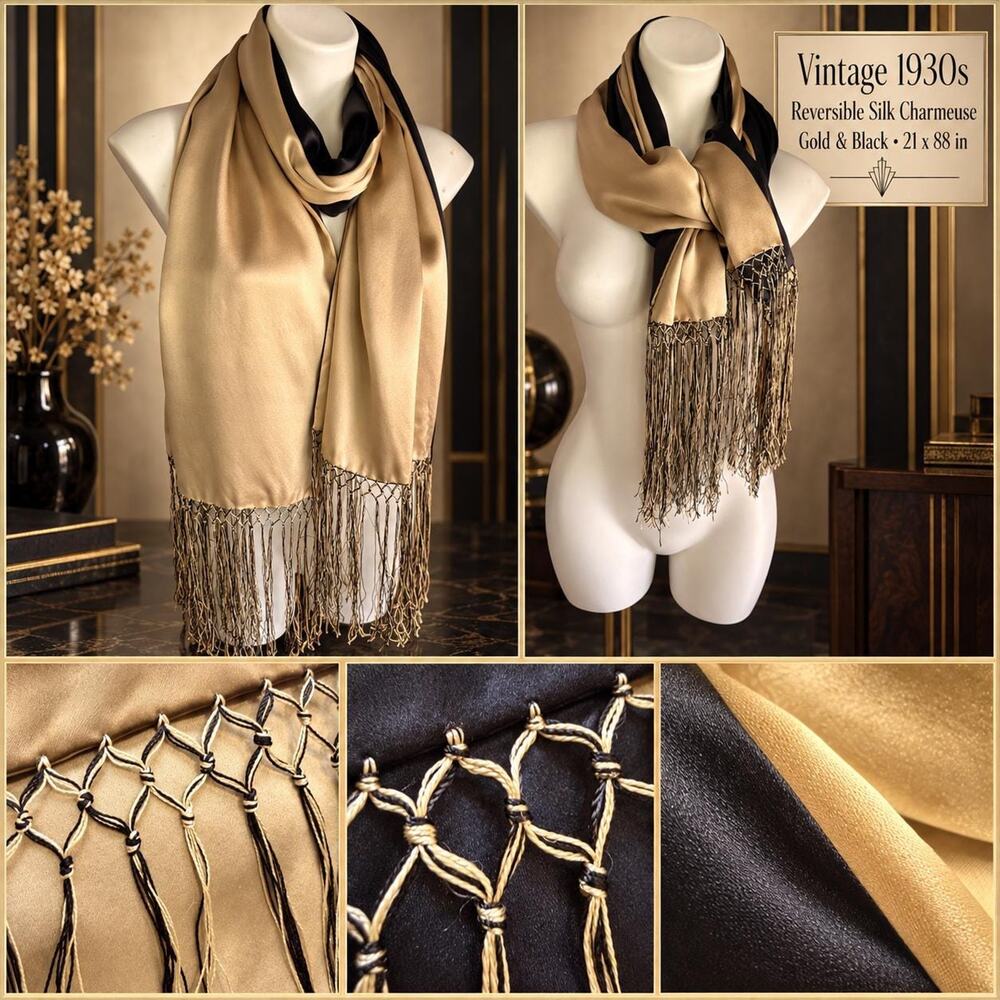 Vintage 1930s Reversible Silk Charmeuse Scarf Wrap Gold Black 21x88 - Picture 3 of 15